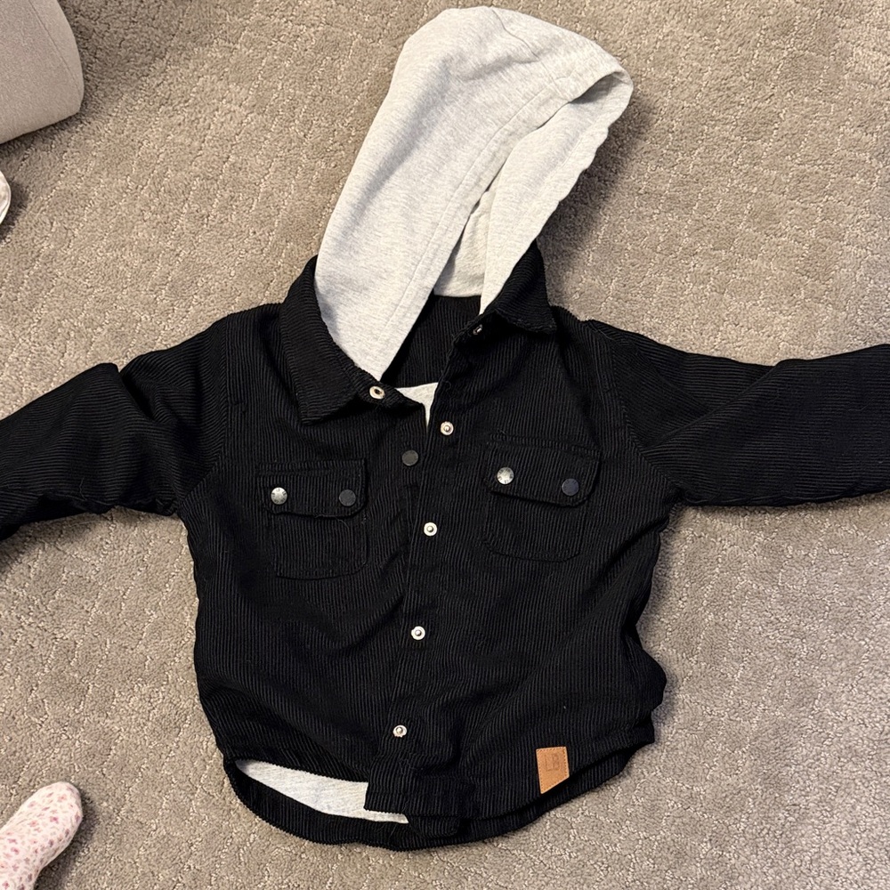 Little Bipsy Black Cordurory Hooded Shacket w Gray Hood- 2T-3T